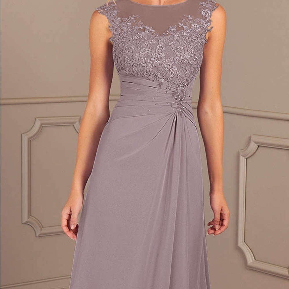 Azazie dress color is dusk(pic#1) lace bust gathered waist high/low hem lined